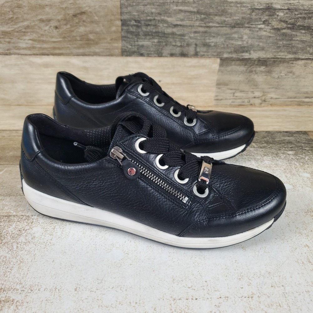 Ara Ollie Womens Shoes Sz 7 (UK 5) Black Leather Round Toe Lace Up Zip Sneakers